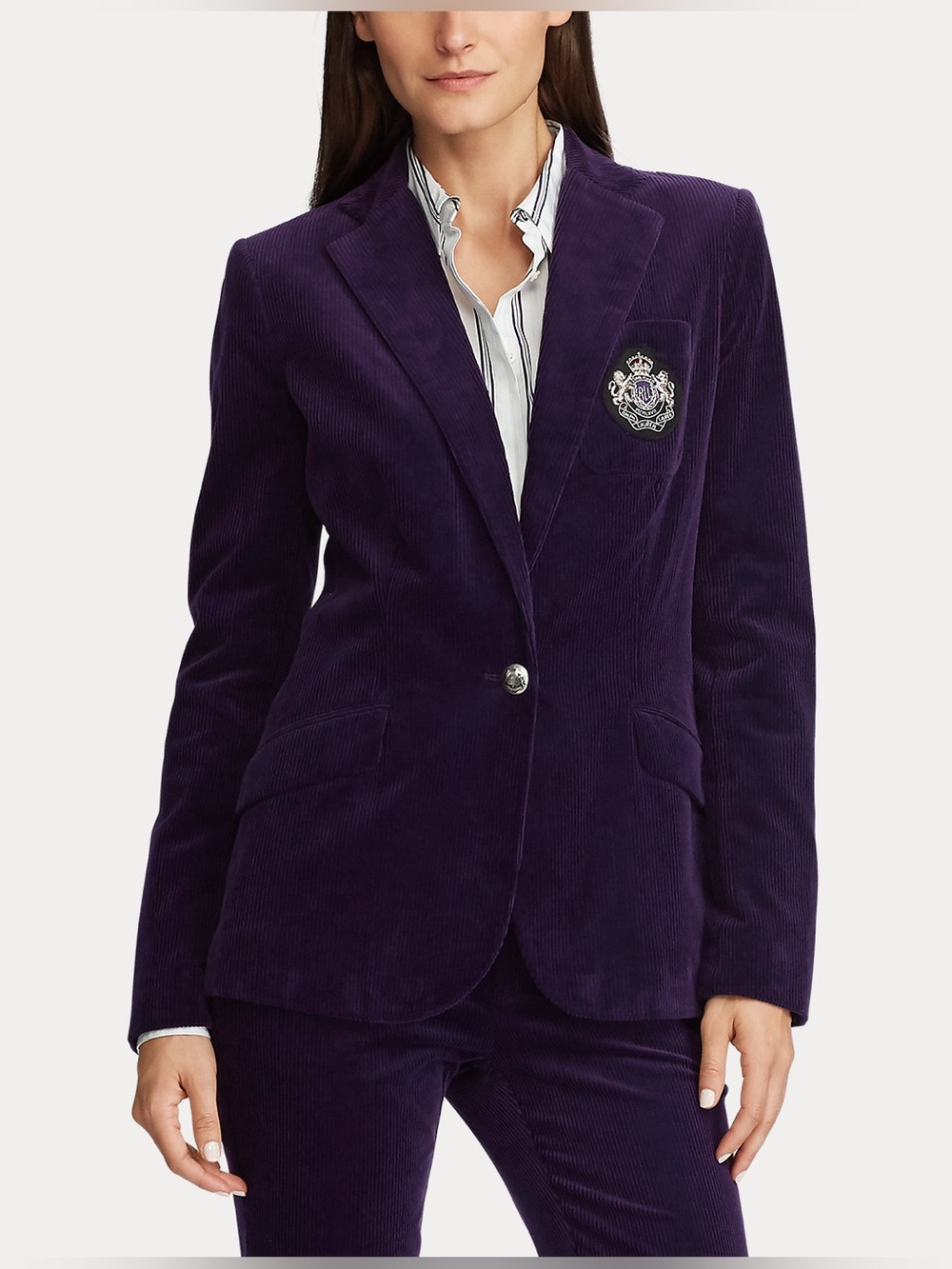 LAUREN Ralph Lauren Purple Corduroy Crest Blazer Jacket Size 10 Equestrian Fall